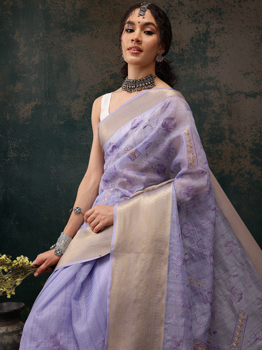 Lavender Kota Doria Embroidered Floral Saree with Unstitched Blouse - Hiral Fashion