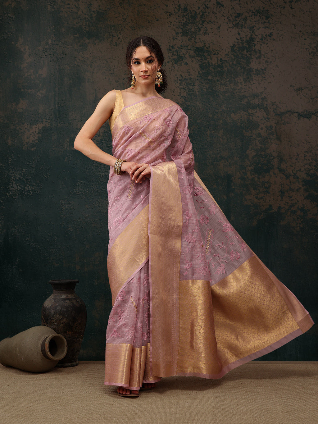 Pink Kota Doria Embroidered Floral Saree with Unstitched Blouse - Hiral Fashion