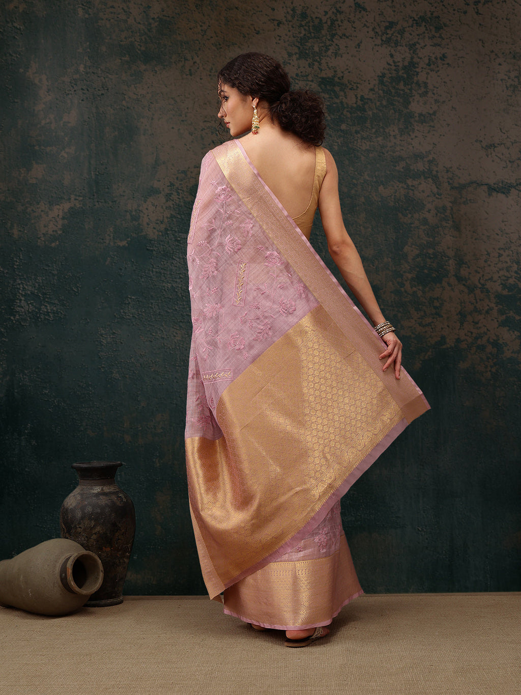 Pink Kota Doria Embroidered Floral Saree with Unstitched Blouse - Hiral Fashion