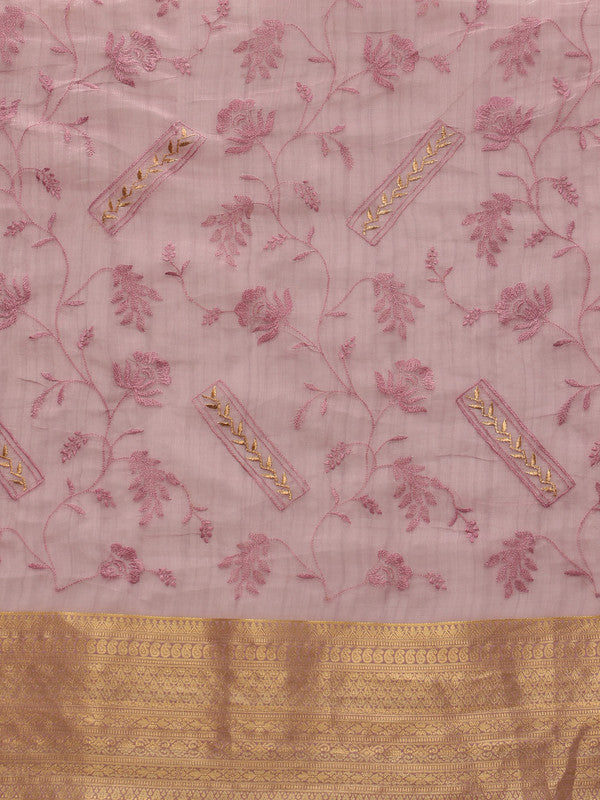Pink Kota Doria Embroidered Floral Saree with Unstitched Blouse - Hiral Fashion