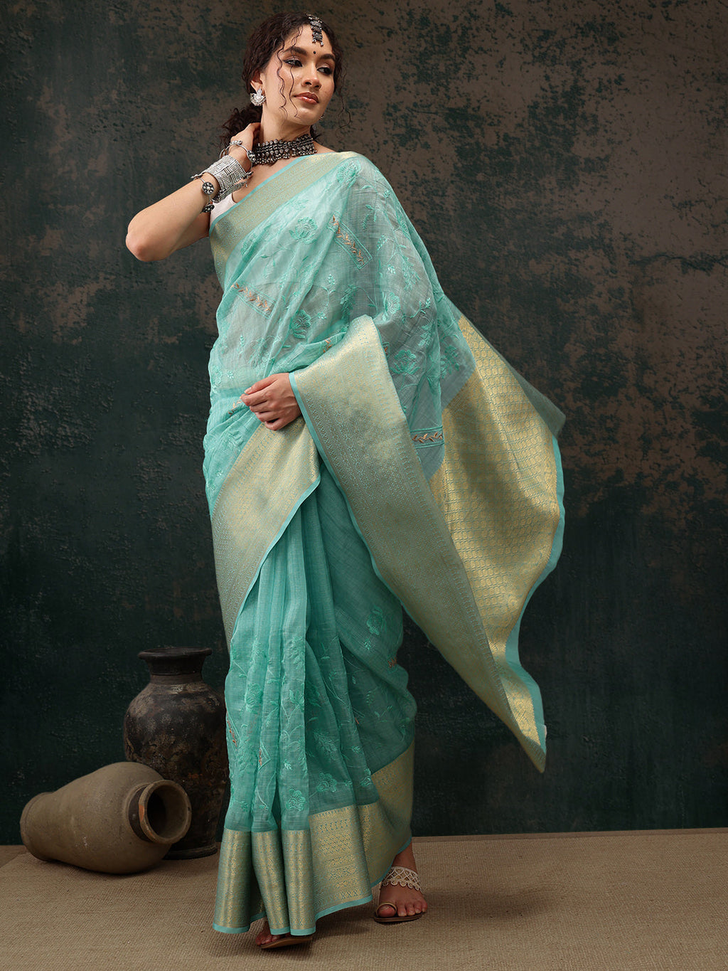 Turquoise Kota Doria Embroidered Floral Saree with Unstitched Blouse - Hiral Fashion