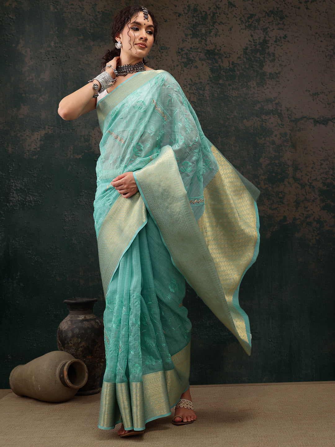 Turquoise Kota Doria Embroidered Floral Saree with Unstitched Blouse - Hiral Fashion