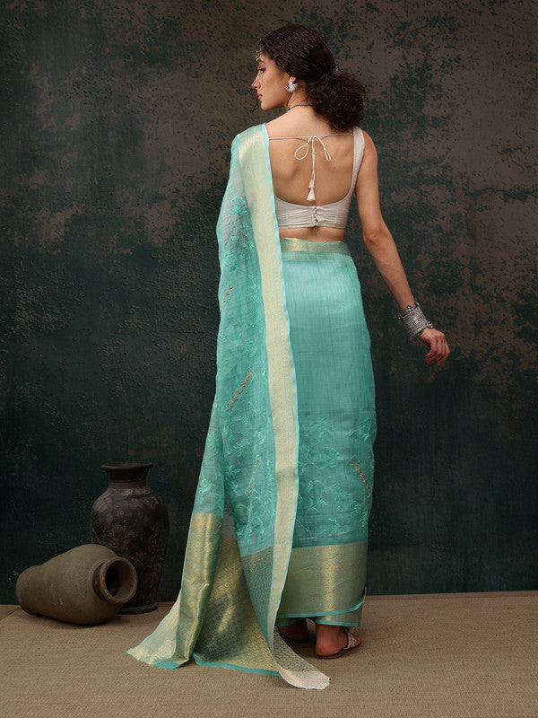 Turquoise Kota Doria Embroidered Floral Saree with Unstitched Blouse - Hiral Fashion