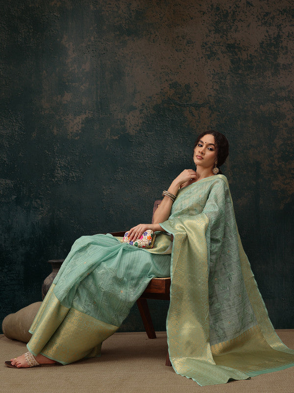 Green Kota Doria Embroidered Floral Saree with Unstitched Blouse - Hiral Fashion