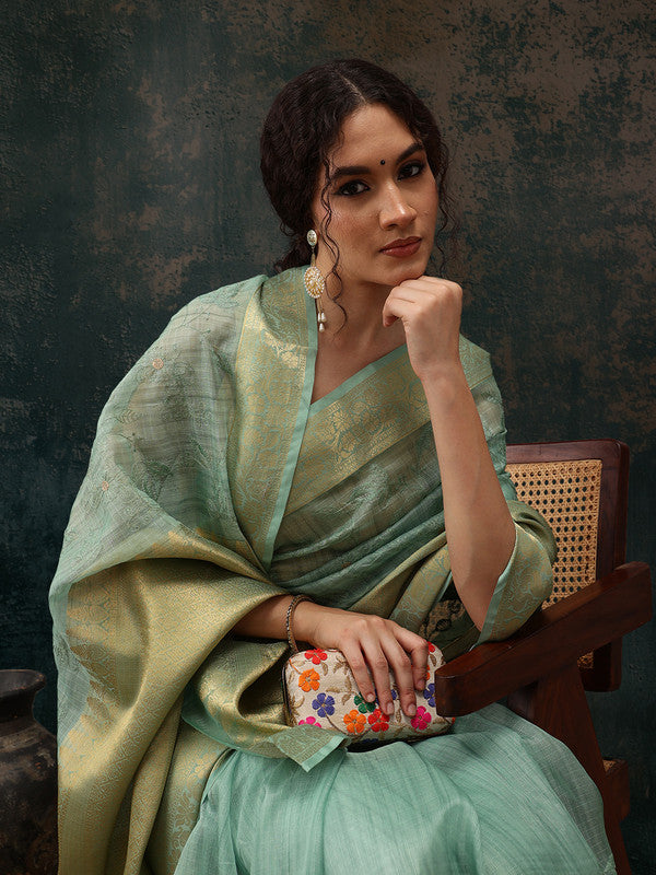 Green Kota Doria Embroidered Floral Saree with Unstitched Blouse - Hiral Fashion