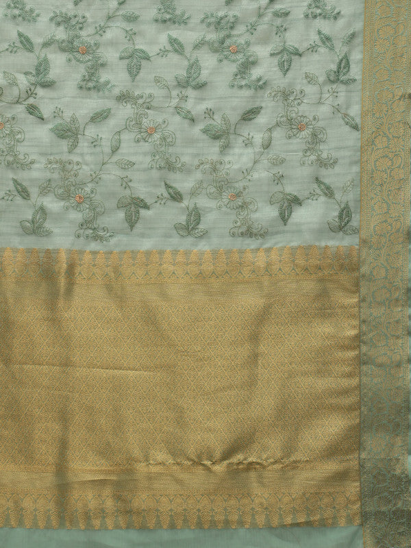 Green Kota Doria Embroidered Floral Saree with Unstitched Blouse - Hiral Fashion