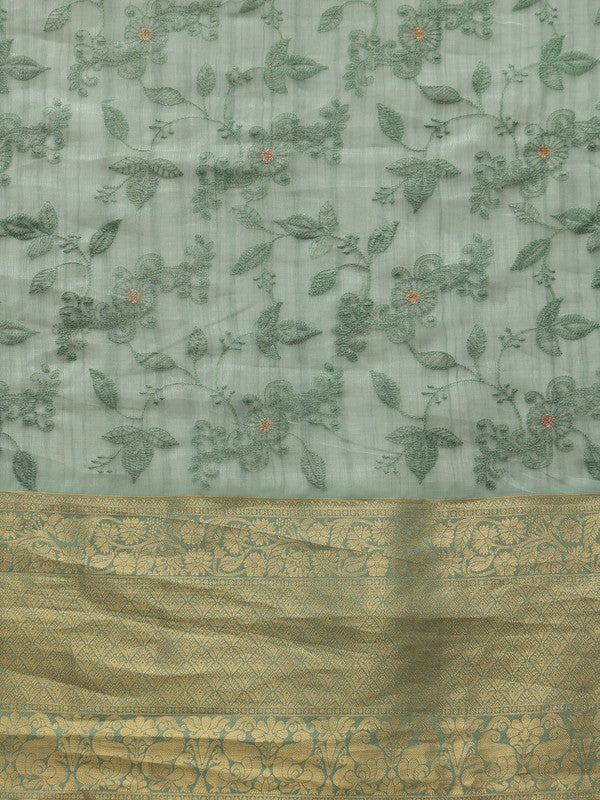 Green Kota Doria Embroidered Floral Saree with Unstitched Blouse - Hiral Fashion
