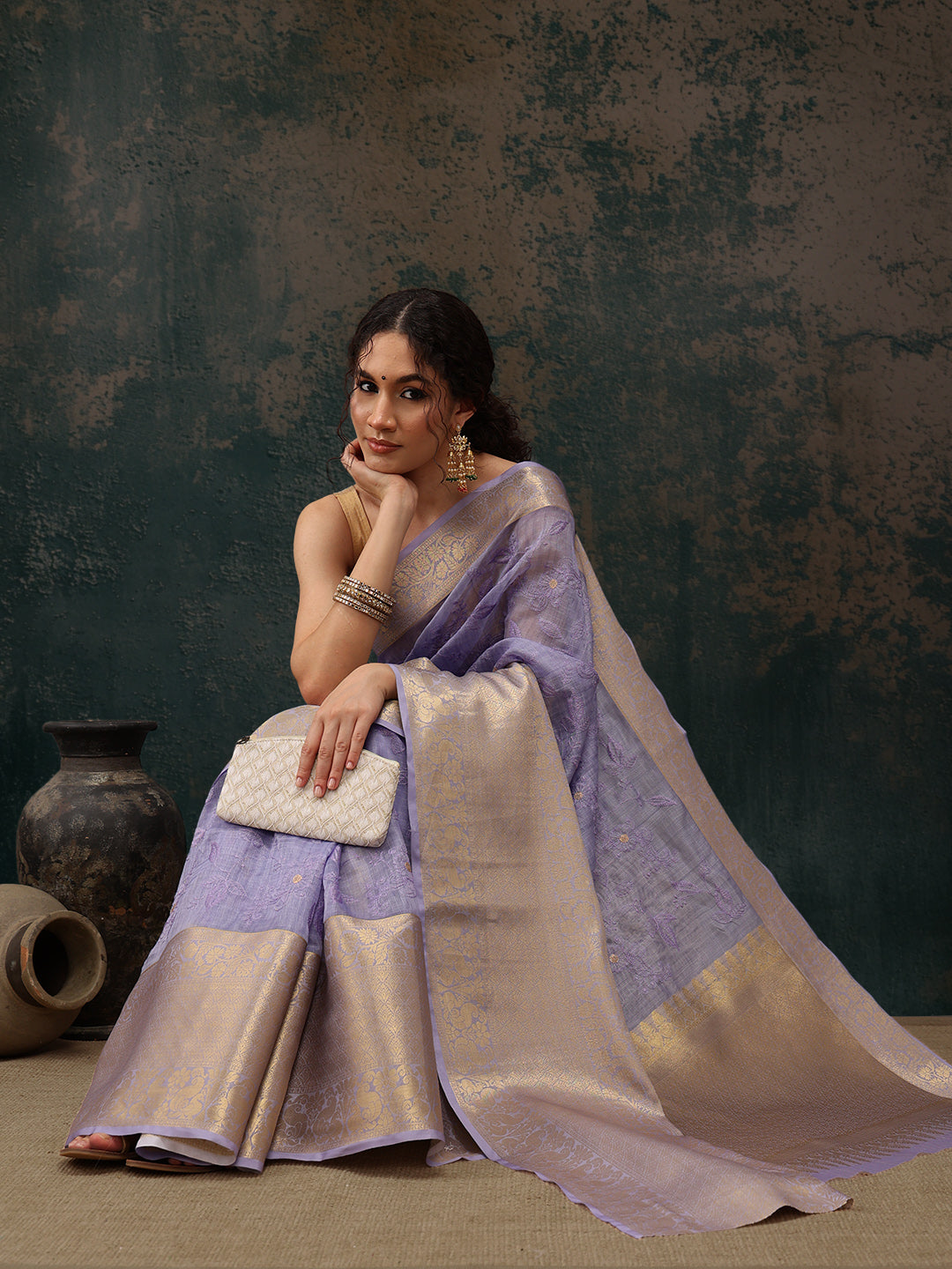 Lavender Kota Doria Embroidered Floral Saree with Unstitched Blouse - Hiral Fashion