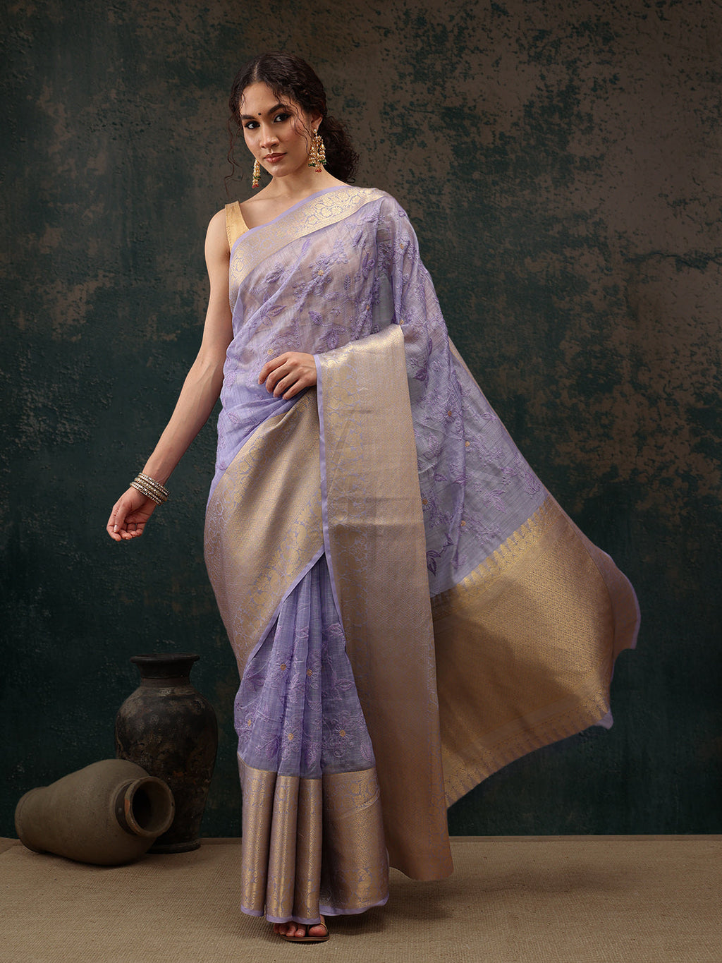 Lavender Kota Doria Embroidered Floral Saree with Unstitched Blouse - Hiral Fashion