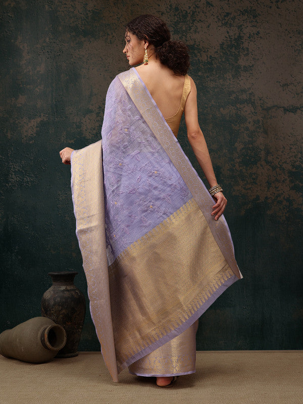 Lavender Kota Doria Embroidered Floral Saree with Unstitched Blouse - Hiral Fashion