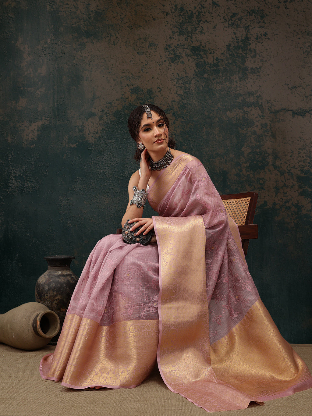 Pink Kota Doria Embroidered Floral Saree with Unstitched Blouse - Hiral Fashion