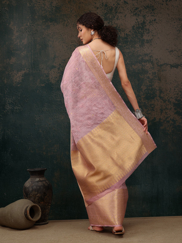 Pink Kota Doria Embroidered Floral Saree with Unstitched Blouse - Hiral Fashion
