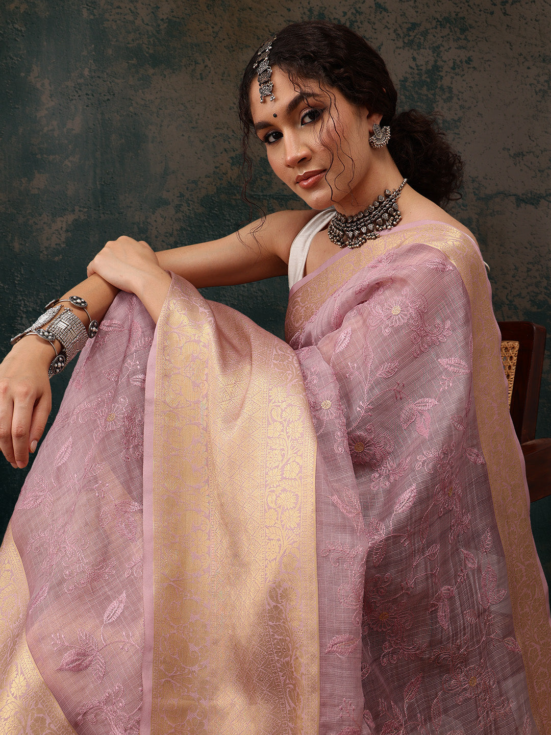 Pink Kota Doria Embroidered Floral Saree with Unstitched Blouse - Hiral Fashion