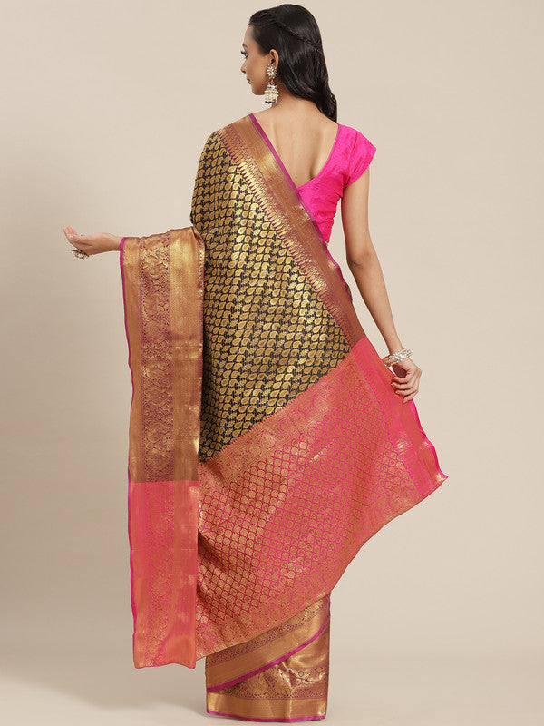 Black Brocade Woven Zari Design Paisely Saree with Unstitched Blouse - Hiral Fashion