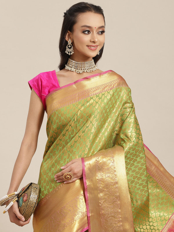 Green Brocade Woven Zari Design Paisely Saree with Unstitched Blouse - Hiral Fashion