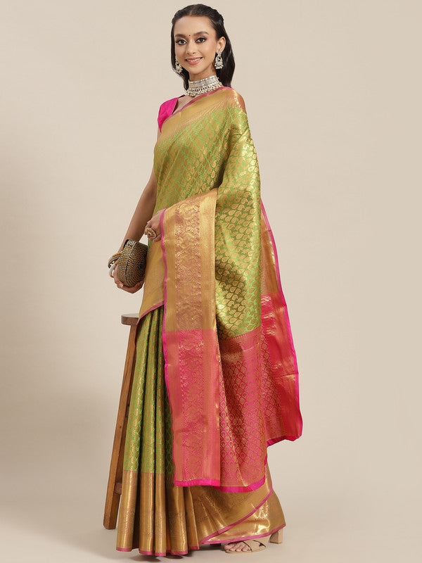 Green Brocade Woven Zari Design Paisely Saree with Unstitched Blouse - Hiral Fashion