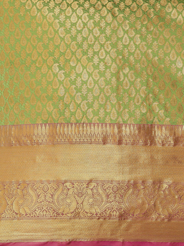Green Brocade Woven Zari Design Paisely Saree with Unstitched Blouse - Hiral Fashion