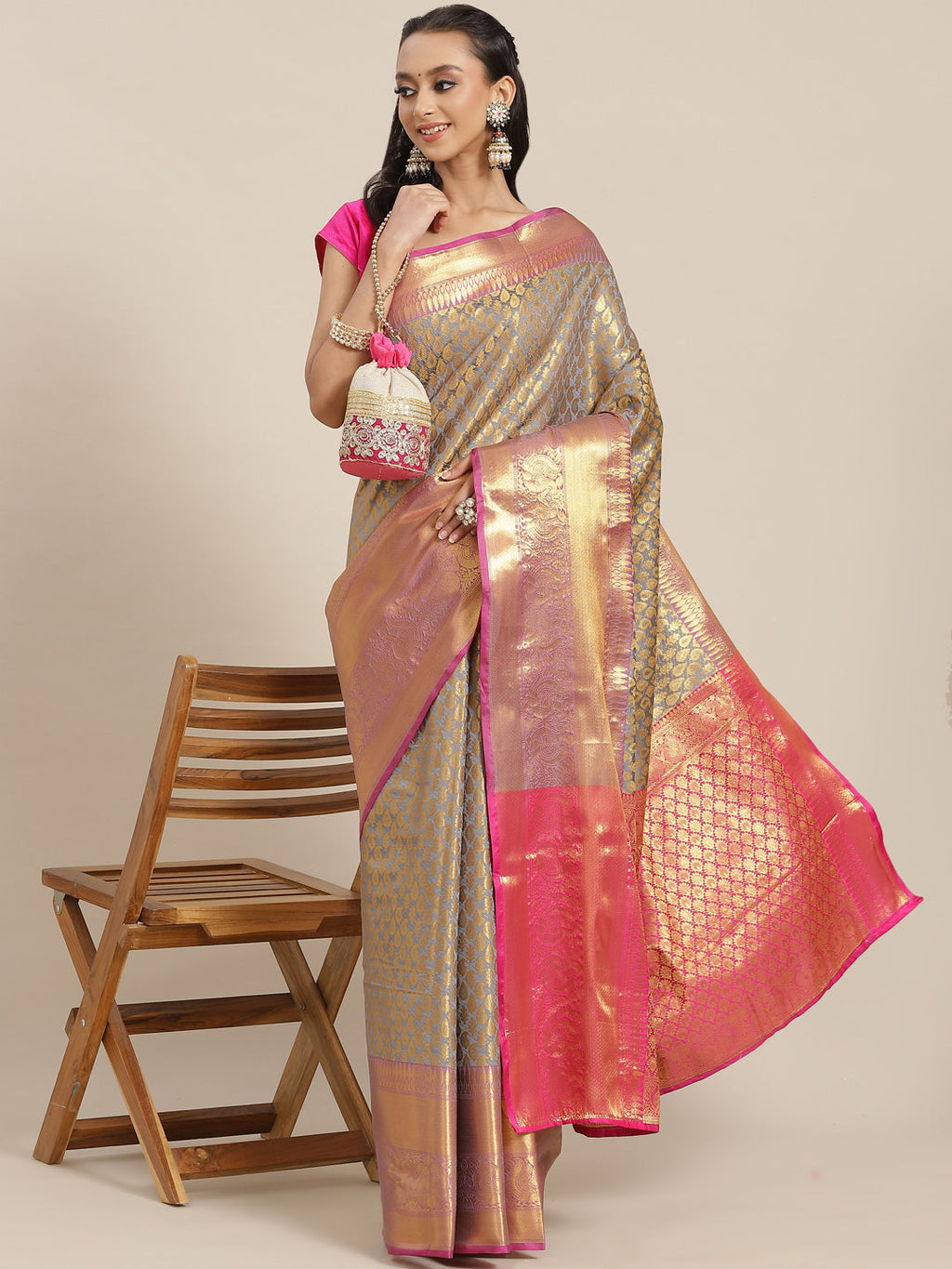 Gray Brocade Woven Zari Design Paisely Saree with Unstitched Blouse - Hiral Fashion
