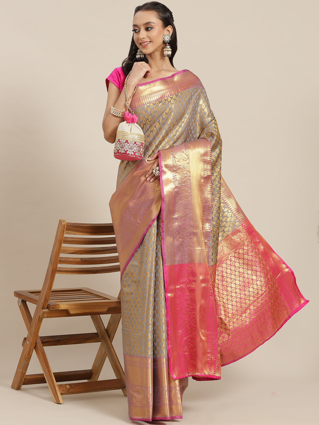 Gray Brocade Woven Zari Design Paisely Saree with Unstitched Blouse - Hiral Fashion
