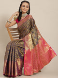 Navy Blue Brocade Woven Zari Design Paisely Saree with Unstitched Blouse - Hiral Fashion