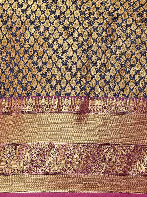 Navy Blue Brocade Woven Zari Design Paisely Saree with Unstitched Blouse - Hiral Fashion