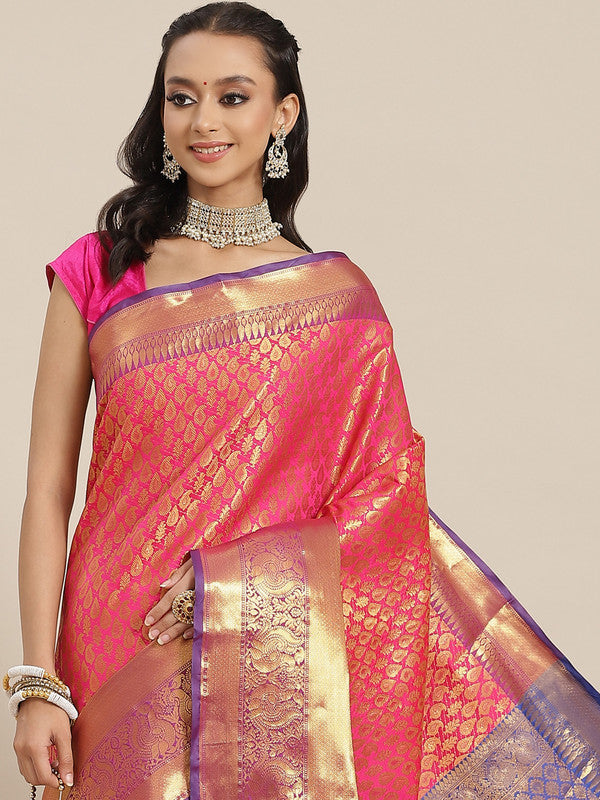 Pink Brocade Woven Zari Design Paisely Saree with Unstitched Blouse - Hiral Fashion