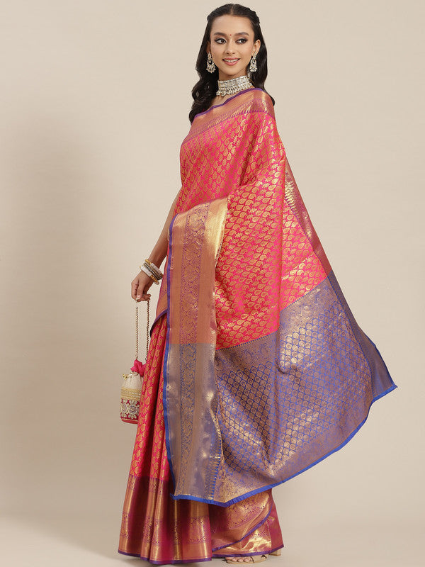 Pink Brocade Woven Zari Design Paisely Saree with Unstitched Blouse - Hiral Fashion