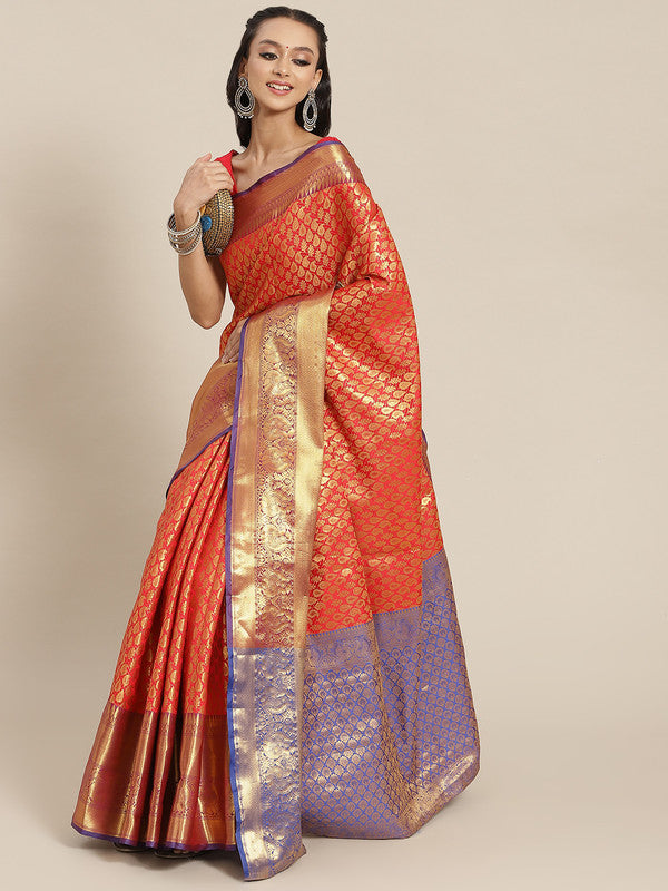 Red Brocade Woven Zari Design Paisely Saree with Unstitched Blouse - Hiral Fashion
