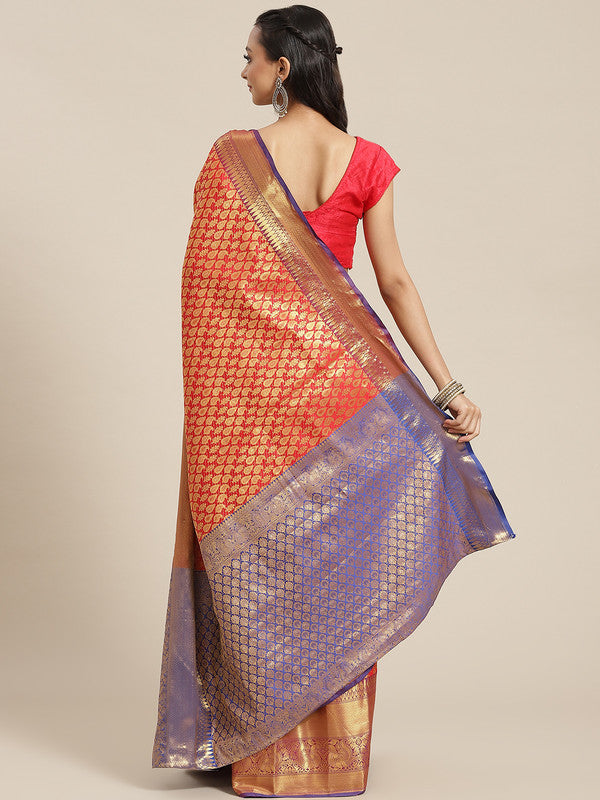 Red Brocade Woven Zari Design Paisely Saree with Unstitched Blouse - Hiral Fashion
