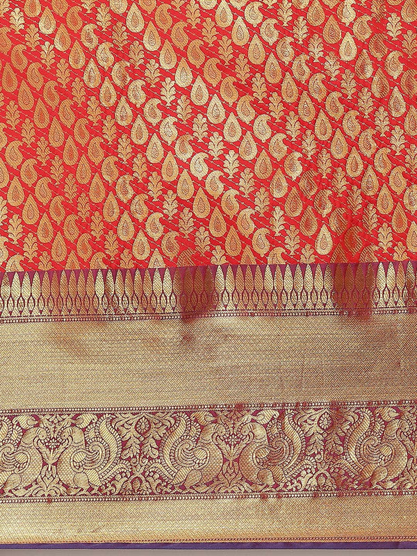 Red Brocade Woven Zari Design Paisely Saree with Unstitched Blouse - Hiral Fashion