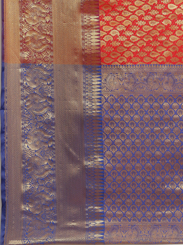 Red Brocade Woven Zari Design Paisely Saree with Unstitched Blouse - Hiral Fashion
