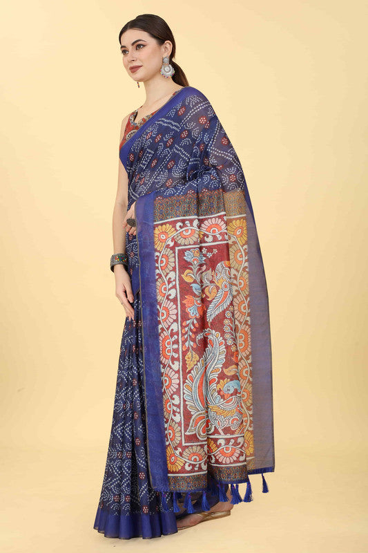 Blue Cotton Blend Printed Bandhani Saree with Unstitched Blouse - Hiral Fashion