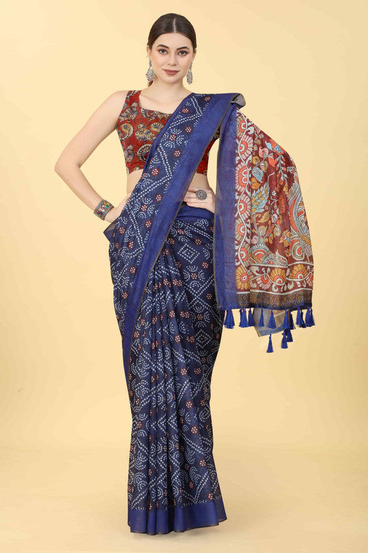 Blue Cotton Blend Printed Bandhani Saree with Unstitched Blouse - Hiral Fashion