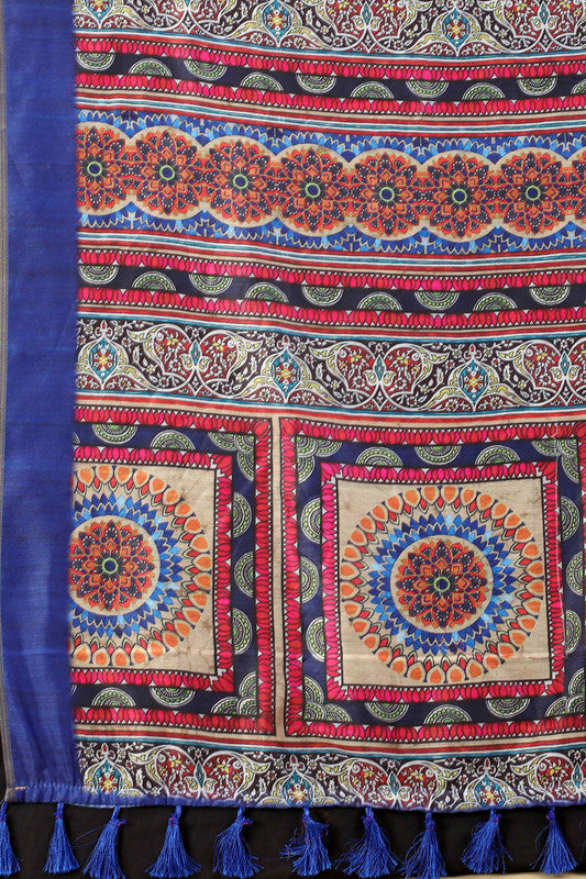 Blue Cotton Blend Printed Geomatric Saree with Unstitched Blouse - Hiral Fashion