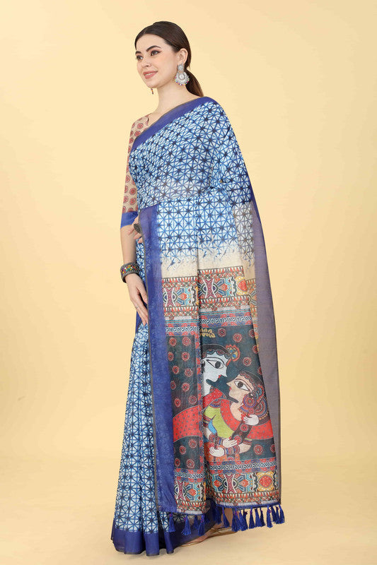 Blue Cotton Blend Printed Geomatric Saree with Unstitched Blouse - Hiral Fashion