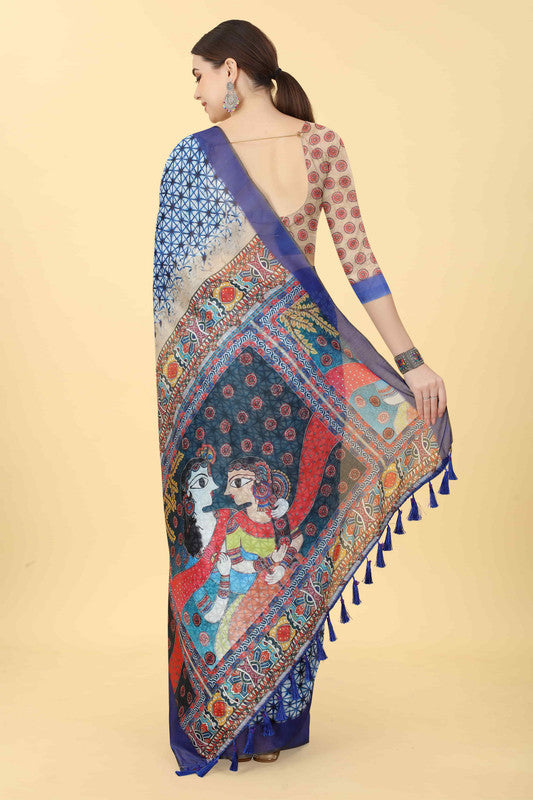 Blue Cotton Blend Printed Geomatric Saree with Unstitched Blouse - Hiral Fashion