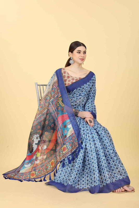 Blue Cotton Blend Printed Geomatric Saree with Unstitched Blouse - Hiral Fashion
