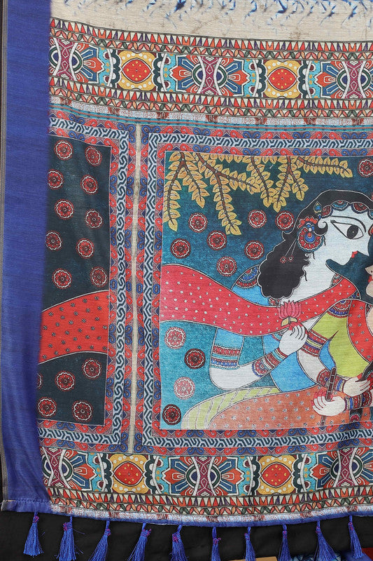 Blue Cotton Blend Printed Geomatric Saree with Unstitched Blouse - Hiral Fashion