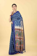 Blue Cotton Blend Printed Geomatric Saree with Unstitched Blouse - Hiral Fashion