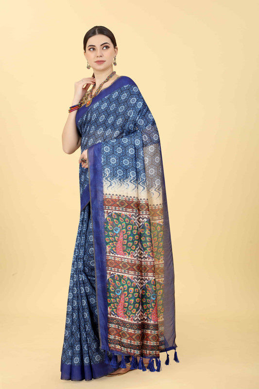 Blue Cotton Blend Printed Geomatric Saree with Unstitched Blouse - Hiral Fashion