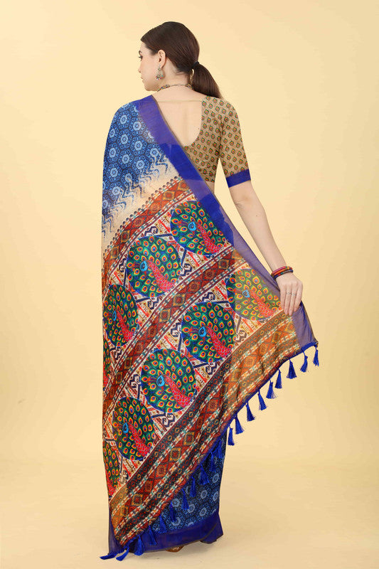 Blue Cotton Blend Printed Geomatric Saree with Unstitched Blouse - Hiral Fashion