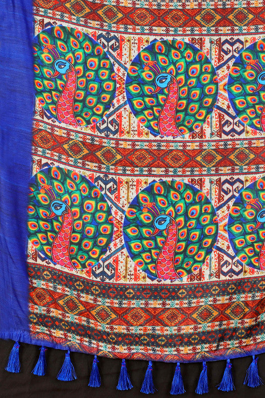 Blue Cotton Blend Printed Geomatric Saree with Unstitched Blouse - Hiral Fashion