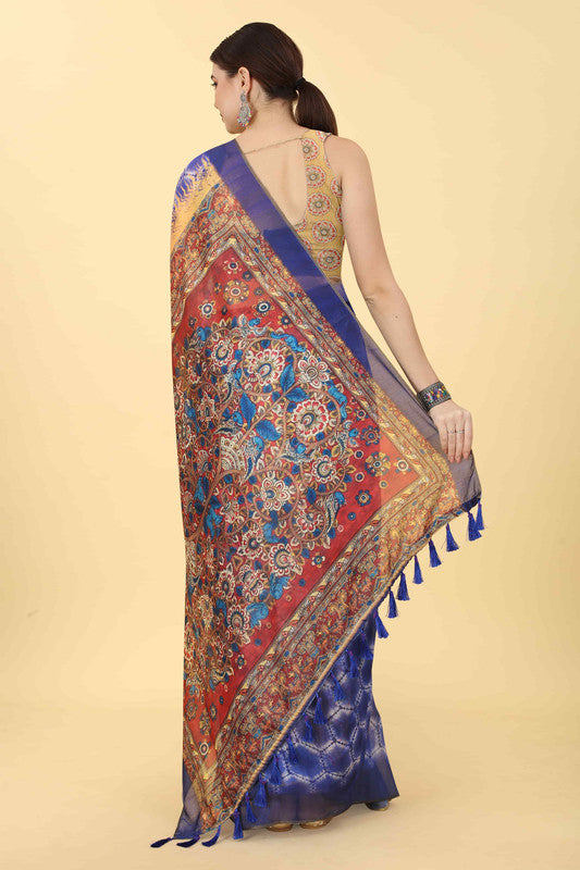 Blue Cotton Blend Printed Abstract Saree with Unstitched Blouse - Hiral Fashion