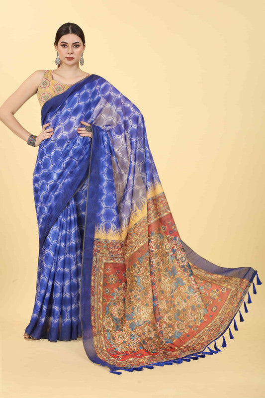Blue Cotton Blend Printed Abstract Saree with Unstitched Blouse - Hiral Fashion