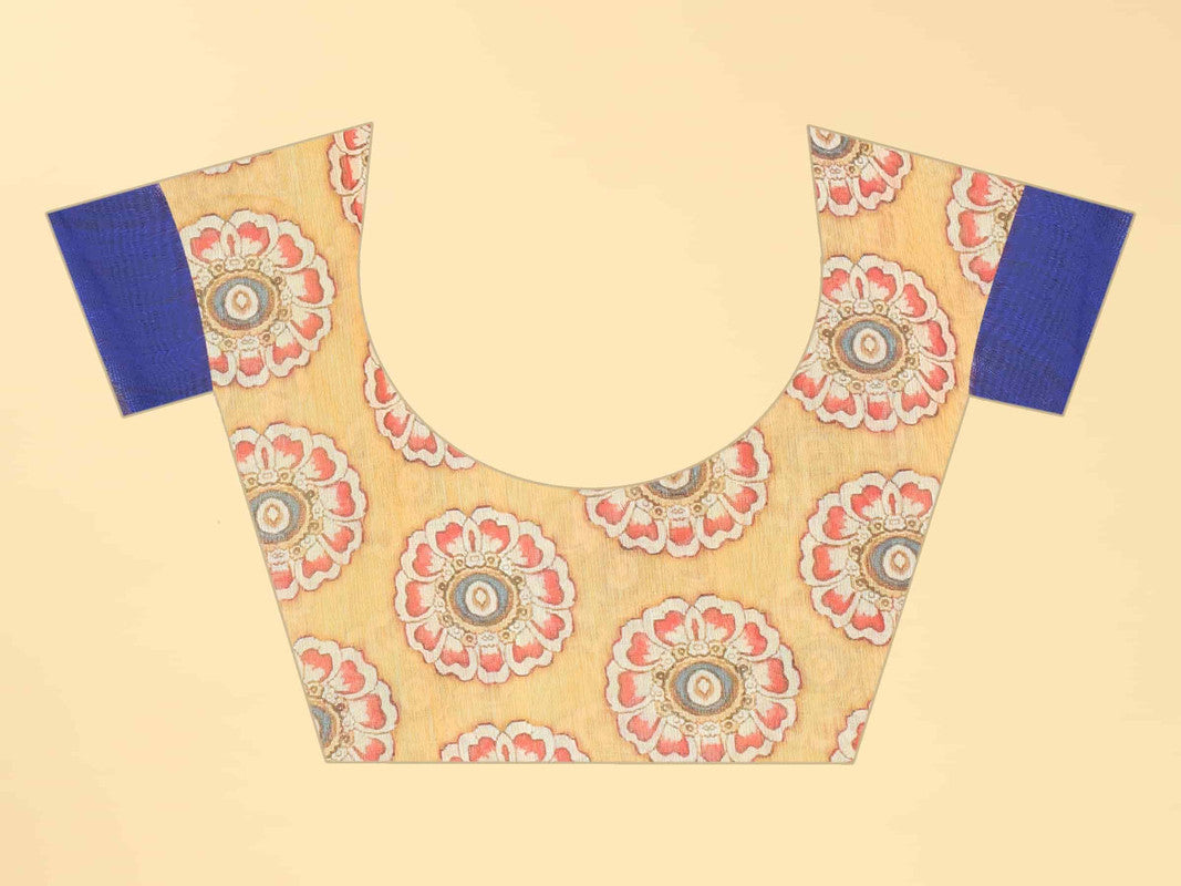 Blue Cotton Blend Printed Abstract Saree with Unstitched Blouse - Hiral Fashion