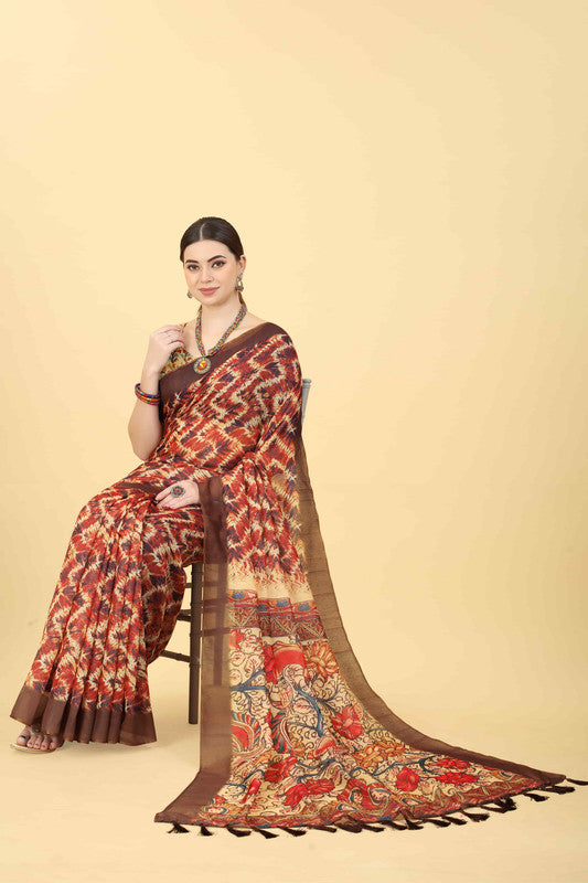 Blue Cotton Blend Printed Abstract Saree with Unstitched Blouse - Hiral Fashion