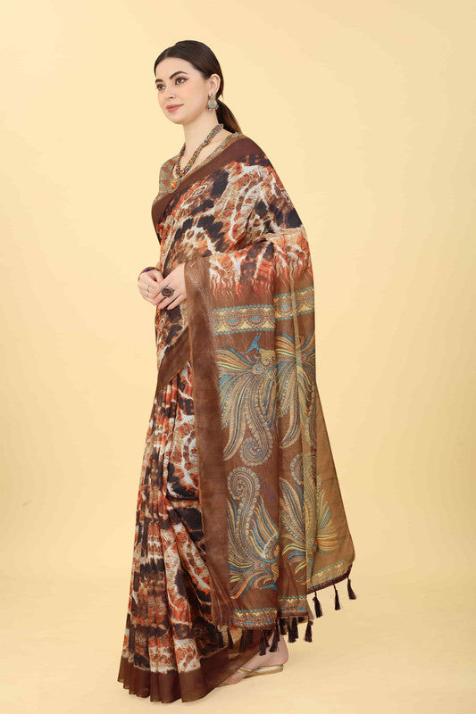 Blue Cotton Blend Printed Kalamkari Saree with Unstitched Blouse - Hiral Fashion