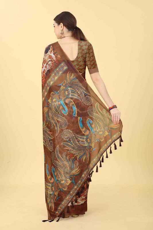 Blue Cotton Blend Printed Kalamkari Saree with Unstitched Blouse - Hiral Fashion