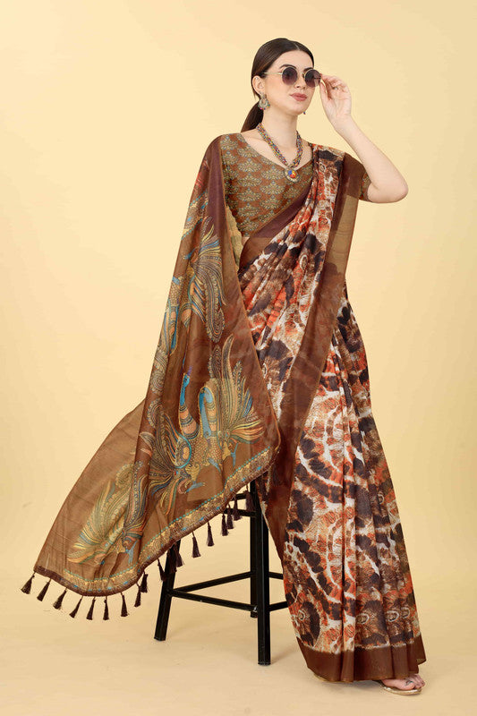 Blue Cotton Blend Printed Kalamkari Saree with Unstitched Blouse - Hiral Fashion