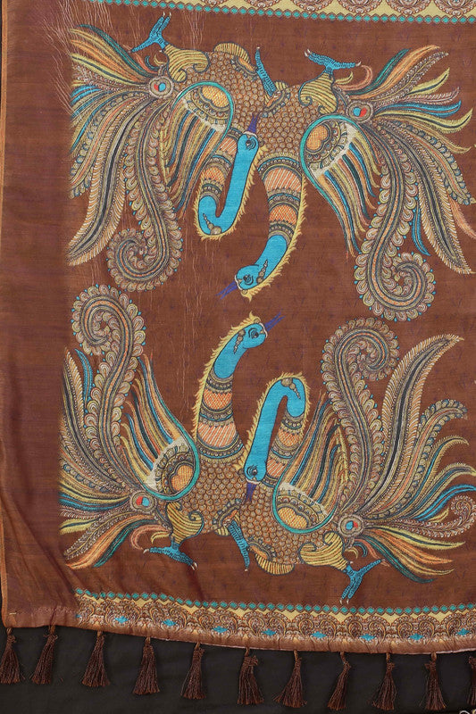 Blue Cotton Blend Printed Kalamkari Saree with Unstitched Blouse - Hiral Fashion